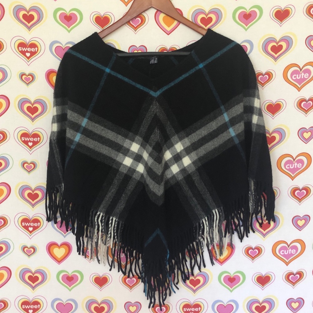 Authentic Burberry Black White & Blue Wool Poncho
